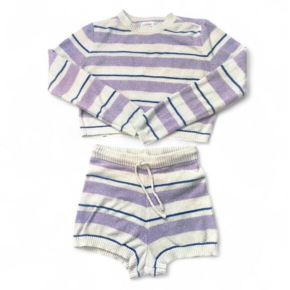 Colsie Chenille Striped Cropped Sweater & High Waisted Shorts Set - Picture 1 of 8